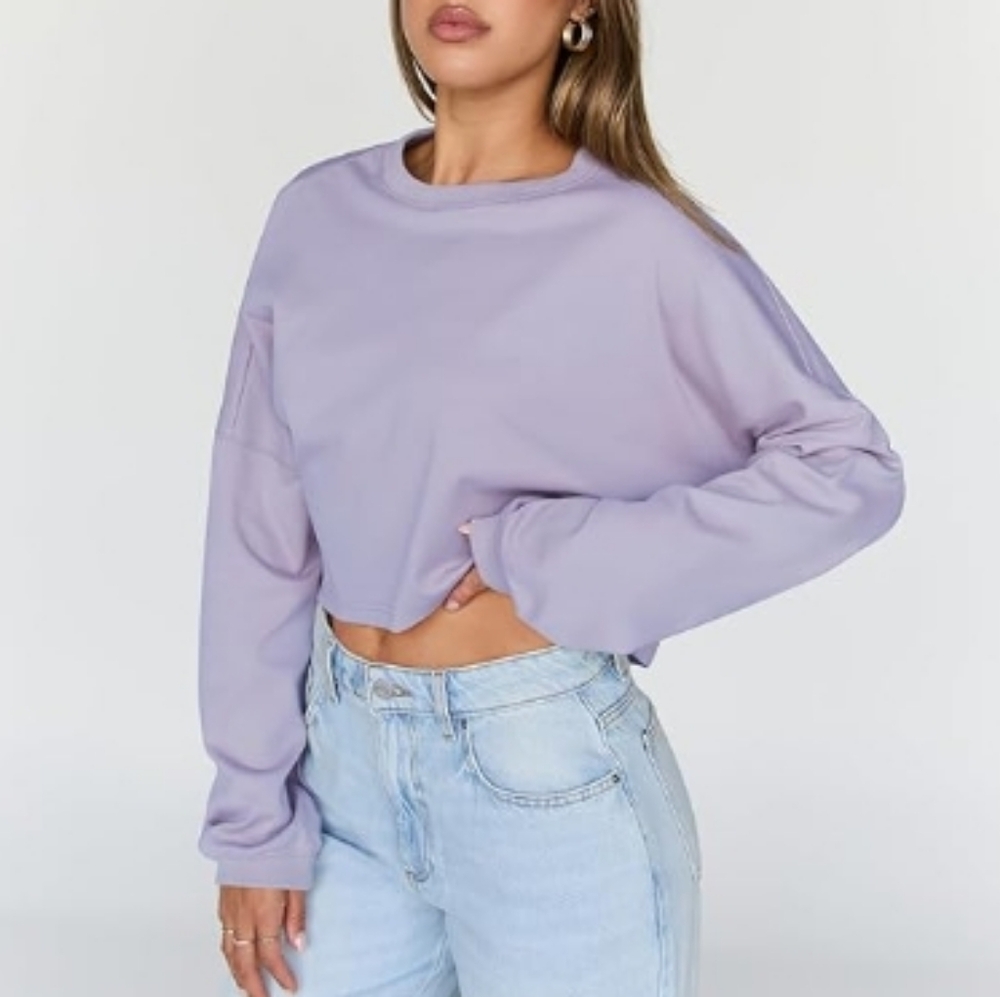 Cropped Oversized Crewneck Sweater Long Sleeve Purple New